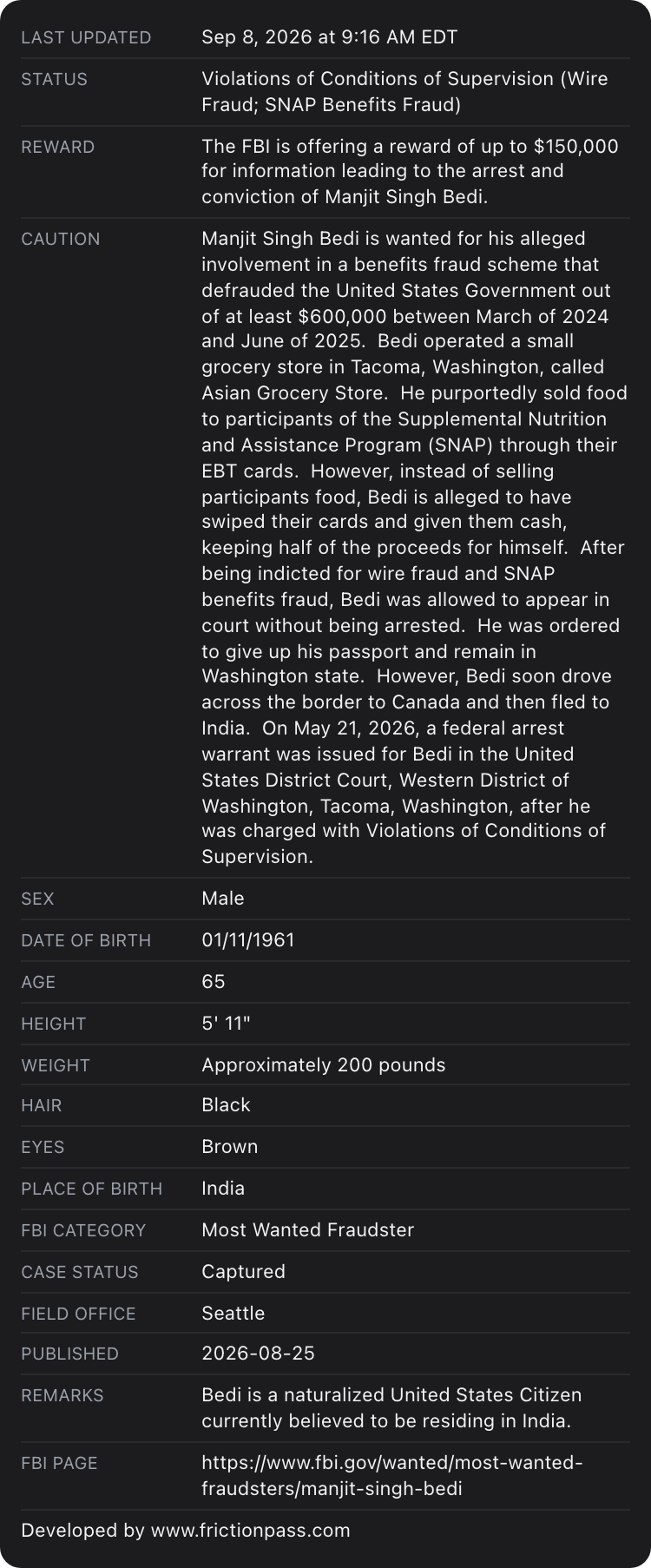 Apple Wallet back of the FBI Fraud card
