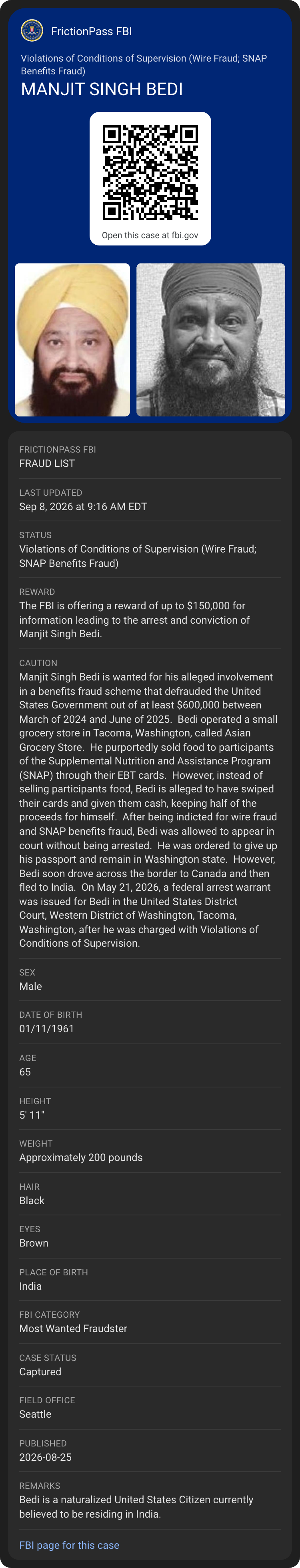 Google Wallet view of the FBI Fraud card