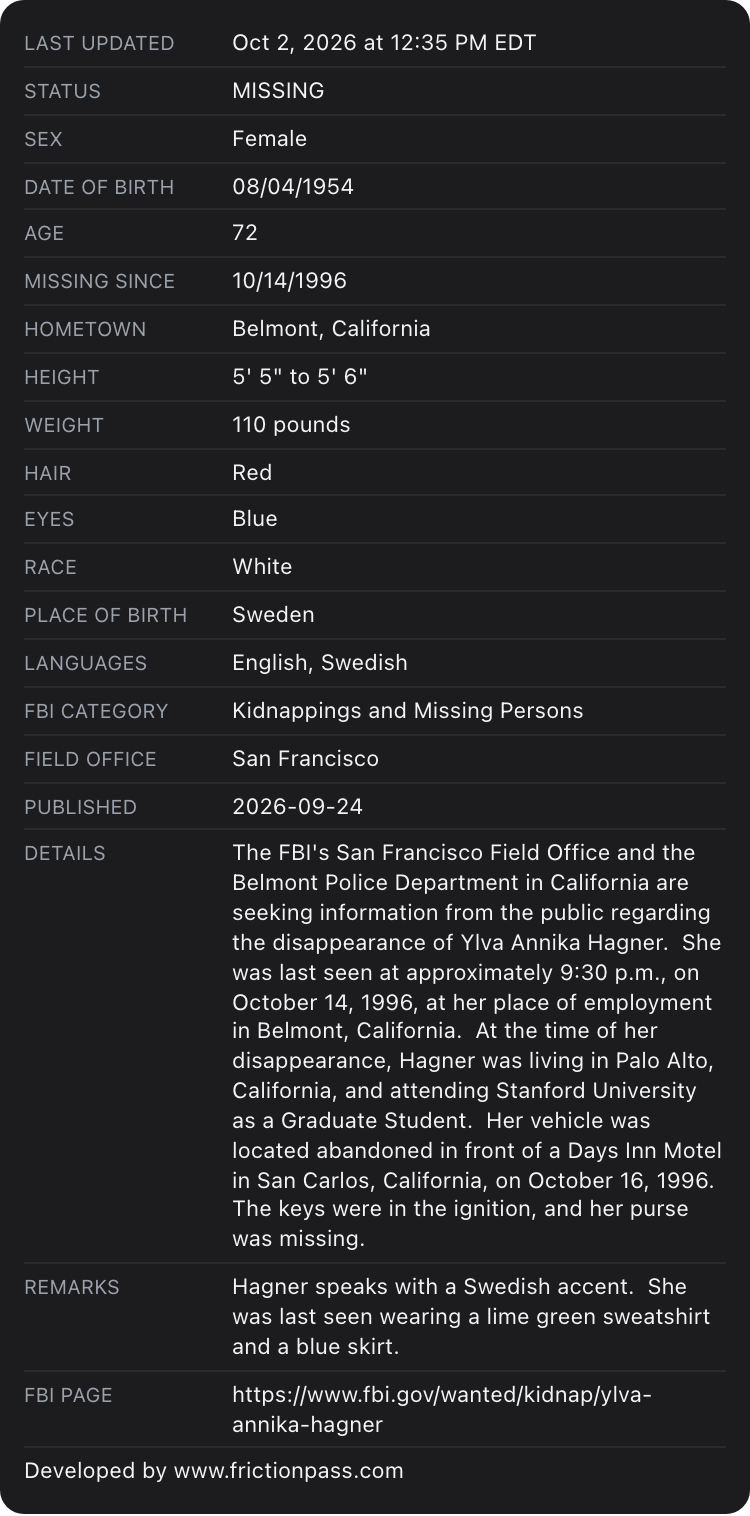 Apple Wallet back of the FBI Missing & Kidnapped card