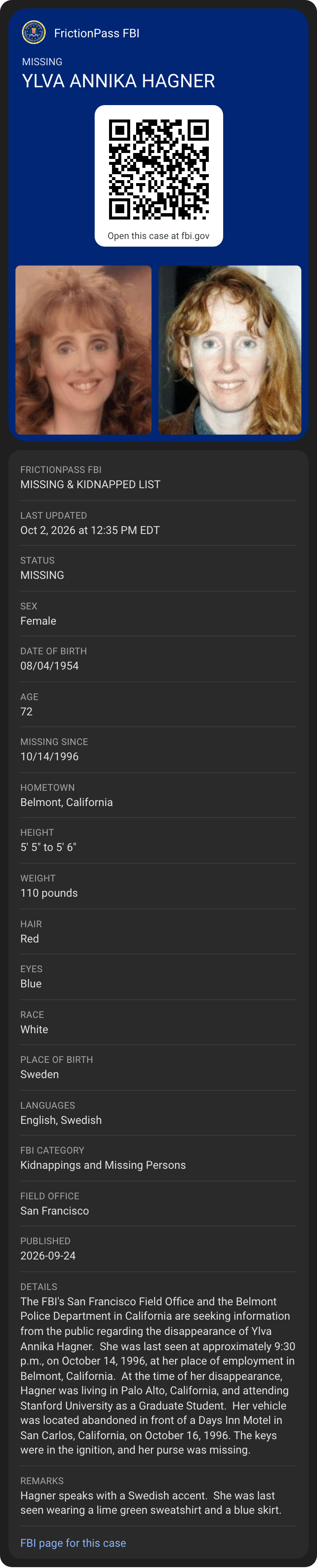 Google Wallet view of the FBI Missing & Kidnapped card