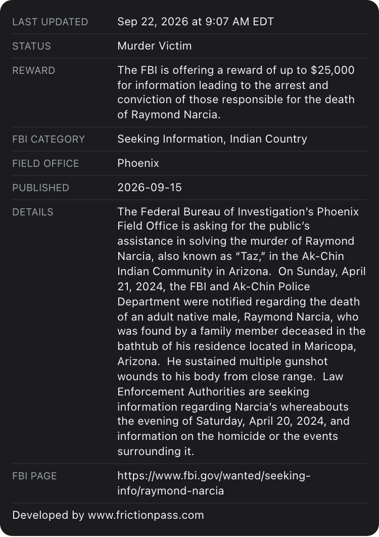 Apple Wallet back of the FBI Seeking Information card