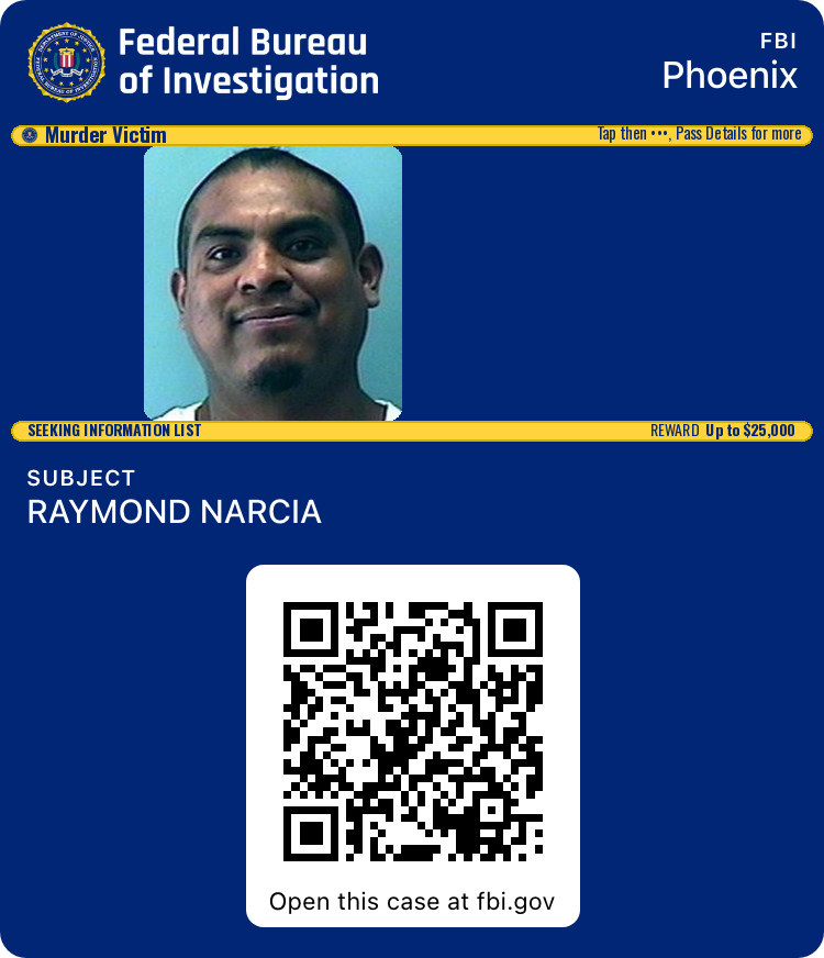 Apple Wallet front of the FBI Seeking Information card