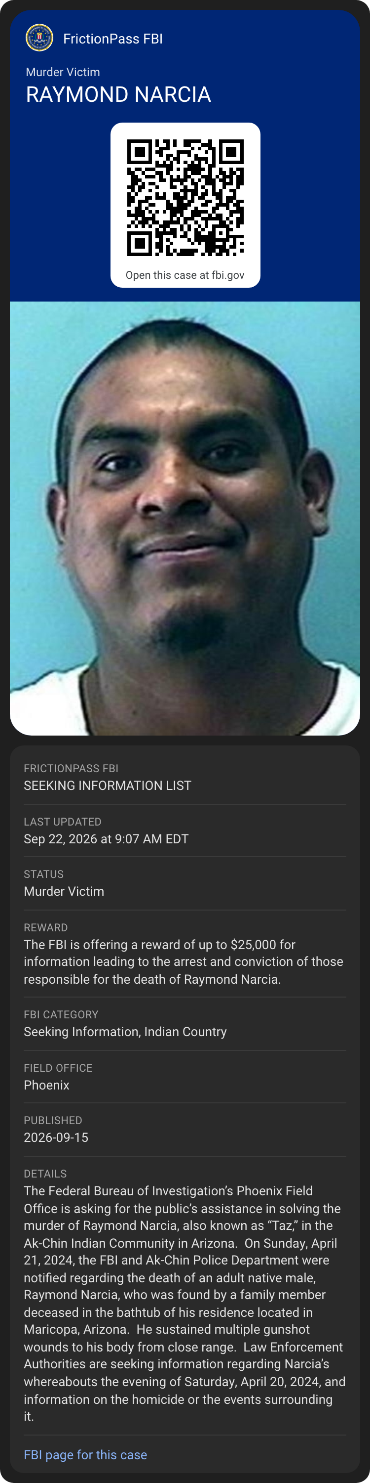 Google Wallet view of the FBI Seeking Information card