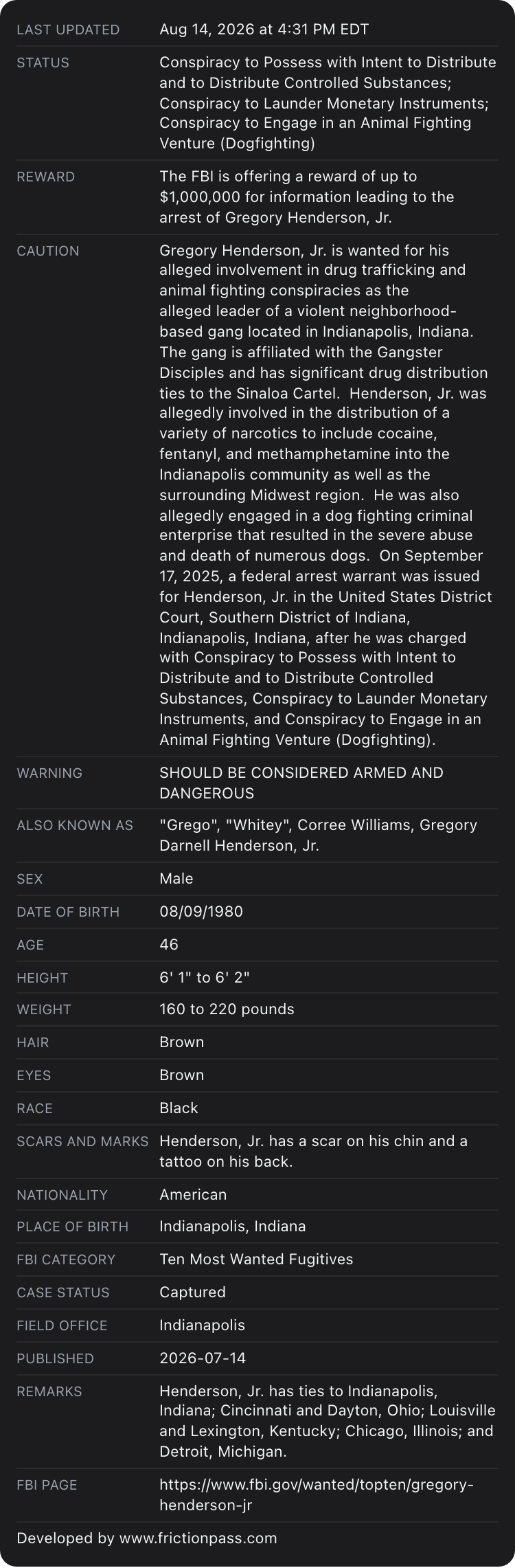 Apple Wallet back of the FBI Ten Most Wanted card