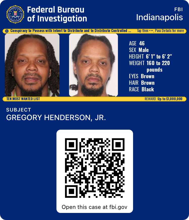 Apple Wallet front of the FBI Ten Most Wanted card