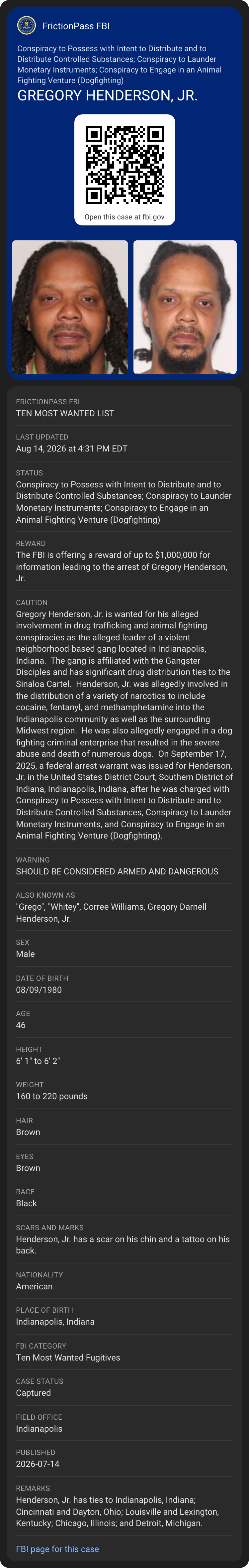 Google Wallet view of the FBI Ten Most Wanted card