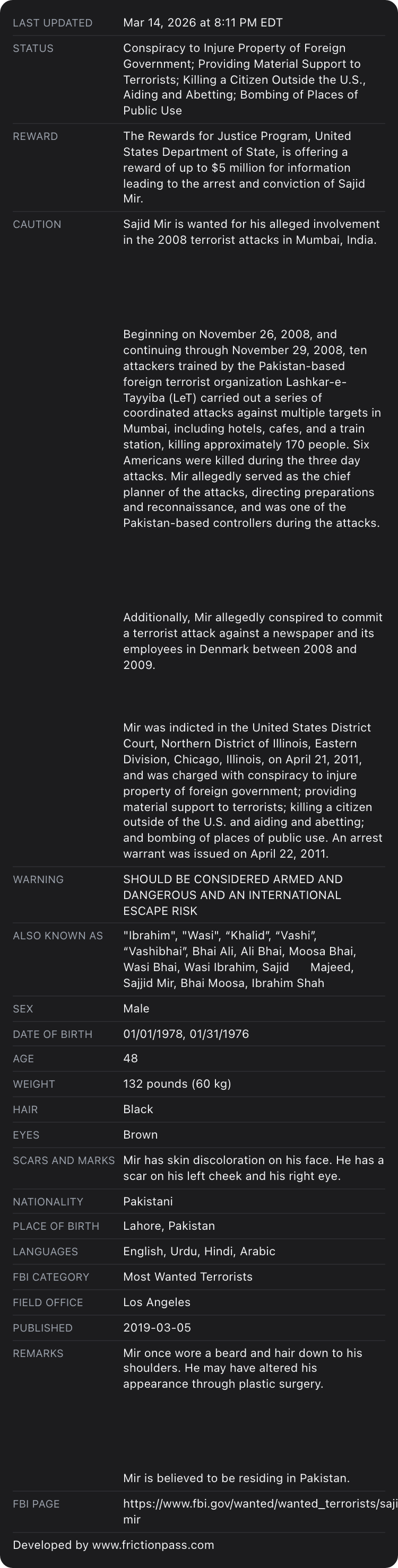 Apple Wallet back of the FBI Terrorism card