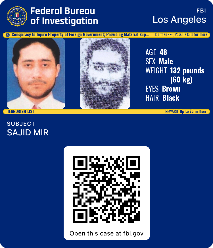 Apple Wallet front of the FBI Terrorism card