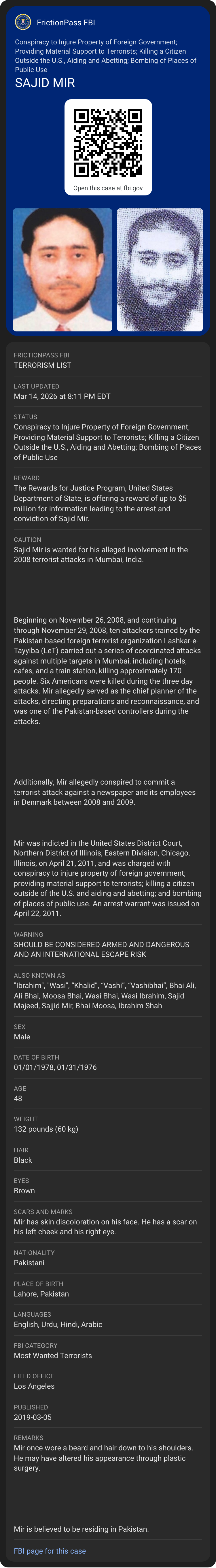 Google Wallet view of the FBI Terrorism card