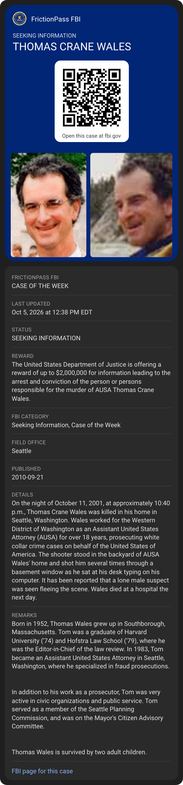 Google Wallet view of the FBI Case of the Week card