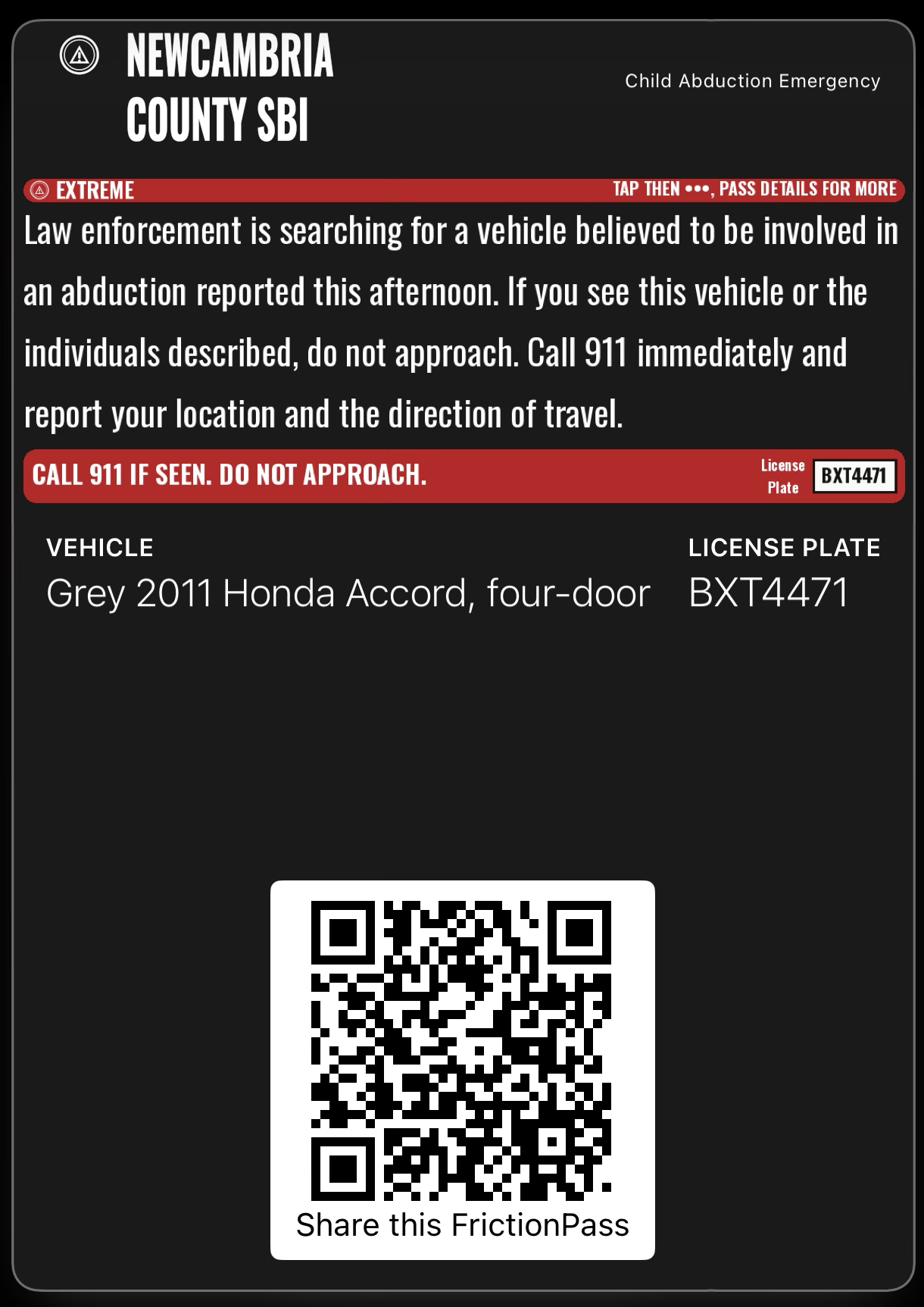 AMBER Alert with 0 photos, Apple Wallet