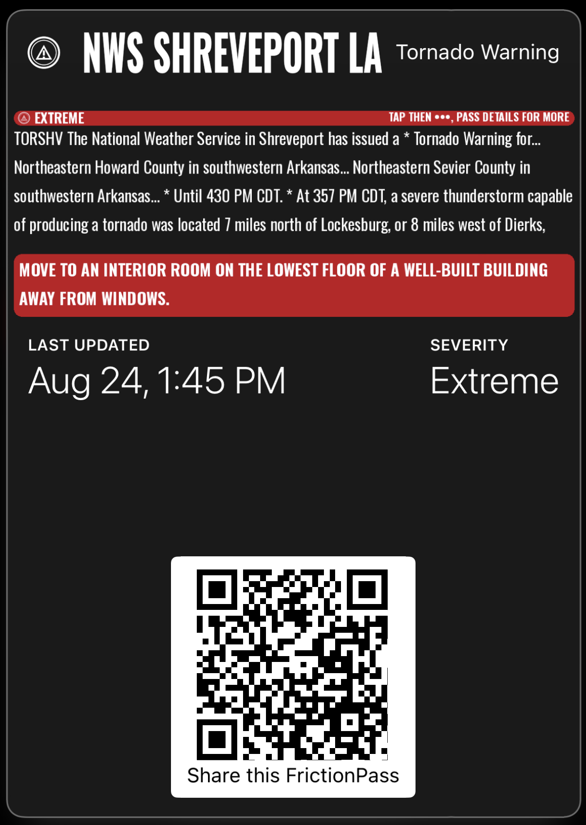 Extreme severity Tornado Warning, Apple Wallet