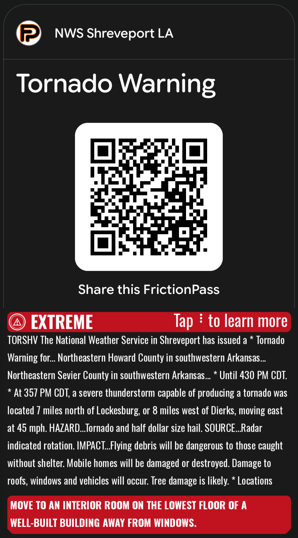 Extreme severity Tornado Warning, Google Wallet