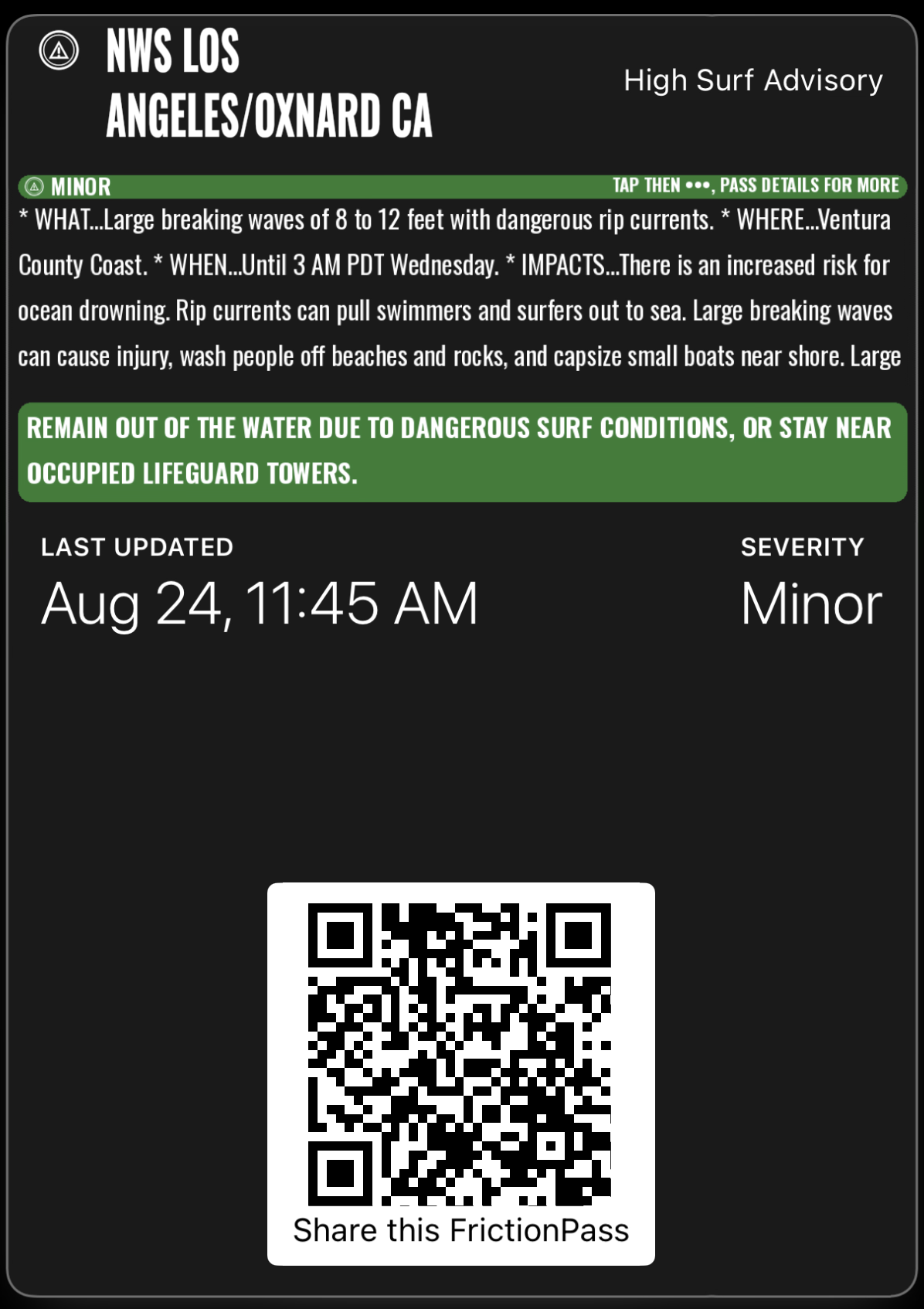 Minor severity High Surf Advisory, Apple Wallet
