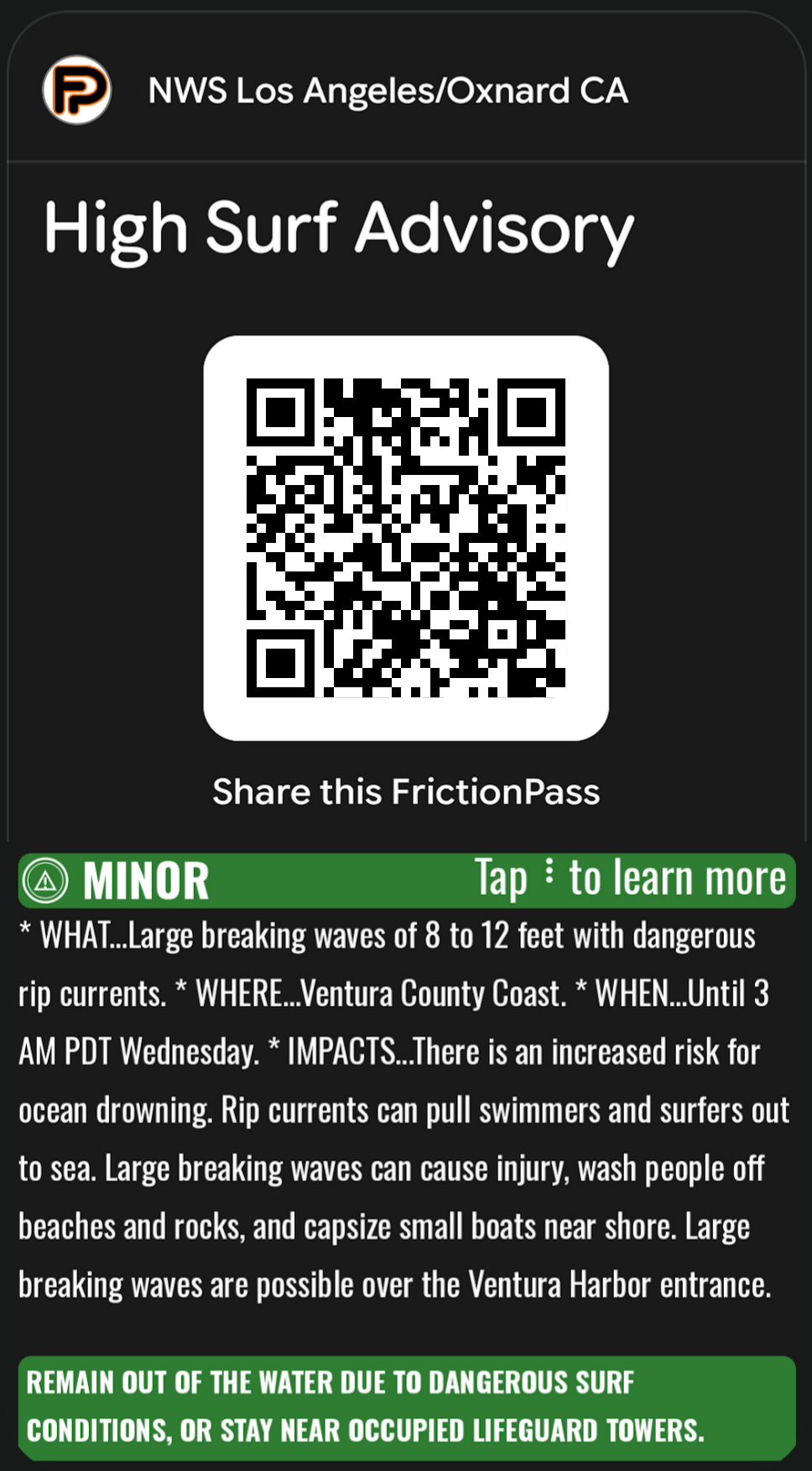 Minor severity High Surf Advisory, Google Wallet