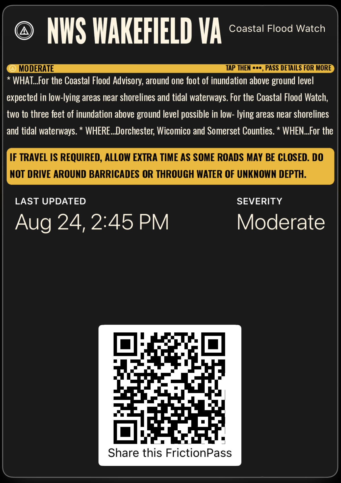 Moderate severity Coastal Flood Watch, Apple Wallet