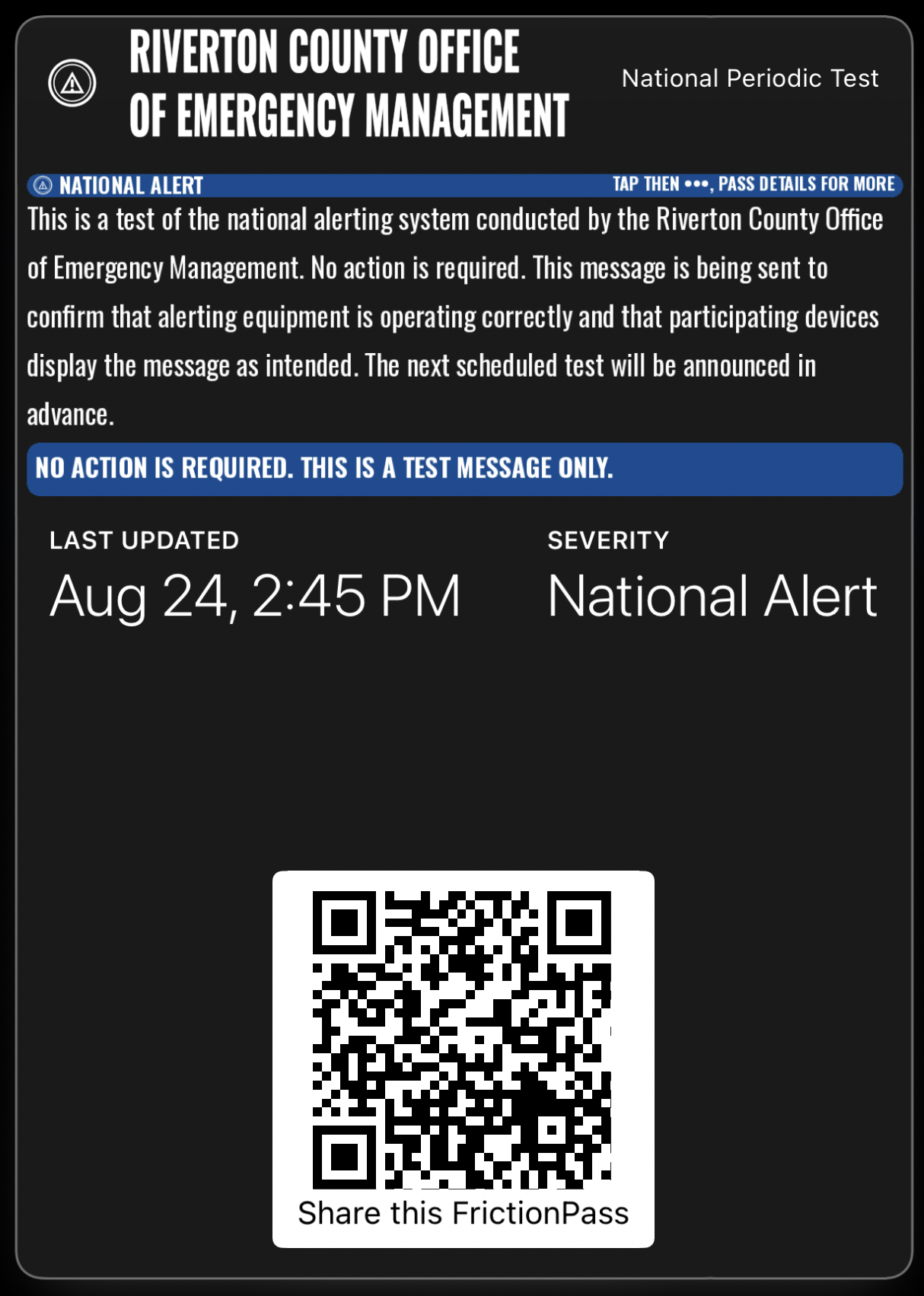 National Alert severity National Periodic Test, Apple Wallet