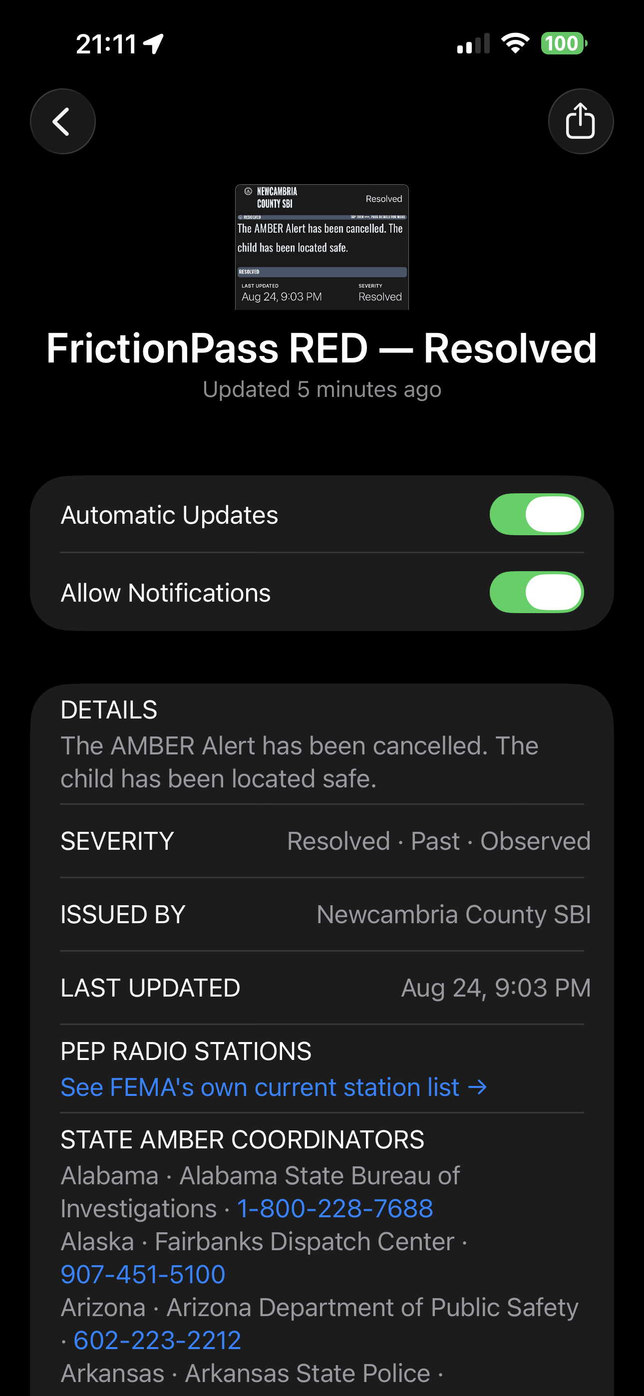Resolved AMBER Alert, Apple Wallet, back of pass