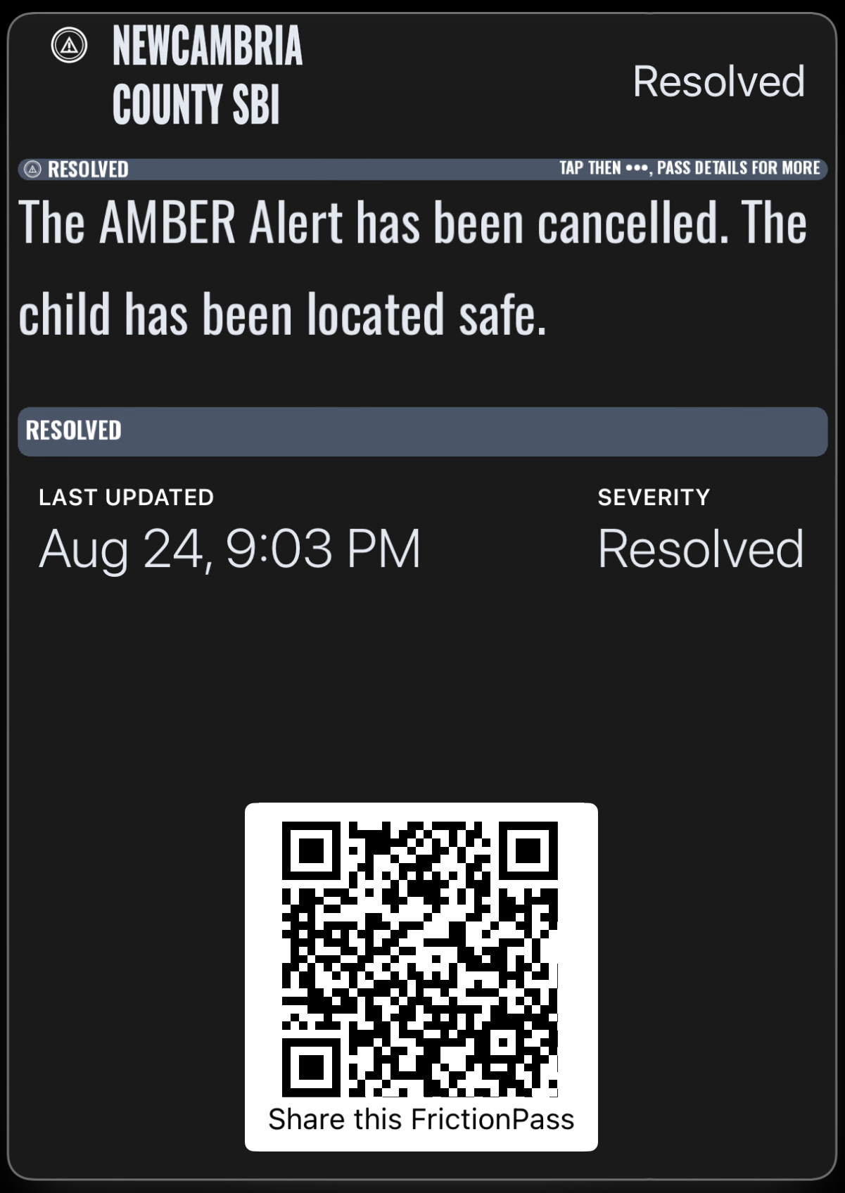 Resolved AMBER Alert, Apple Wallet, front of pass