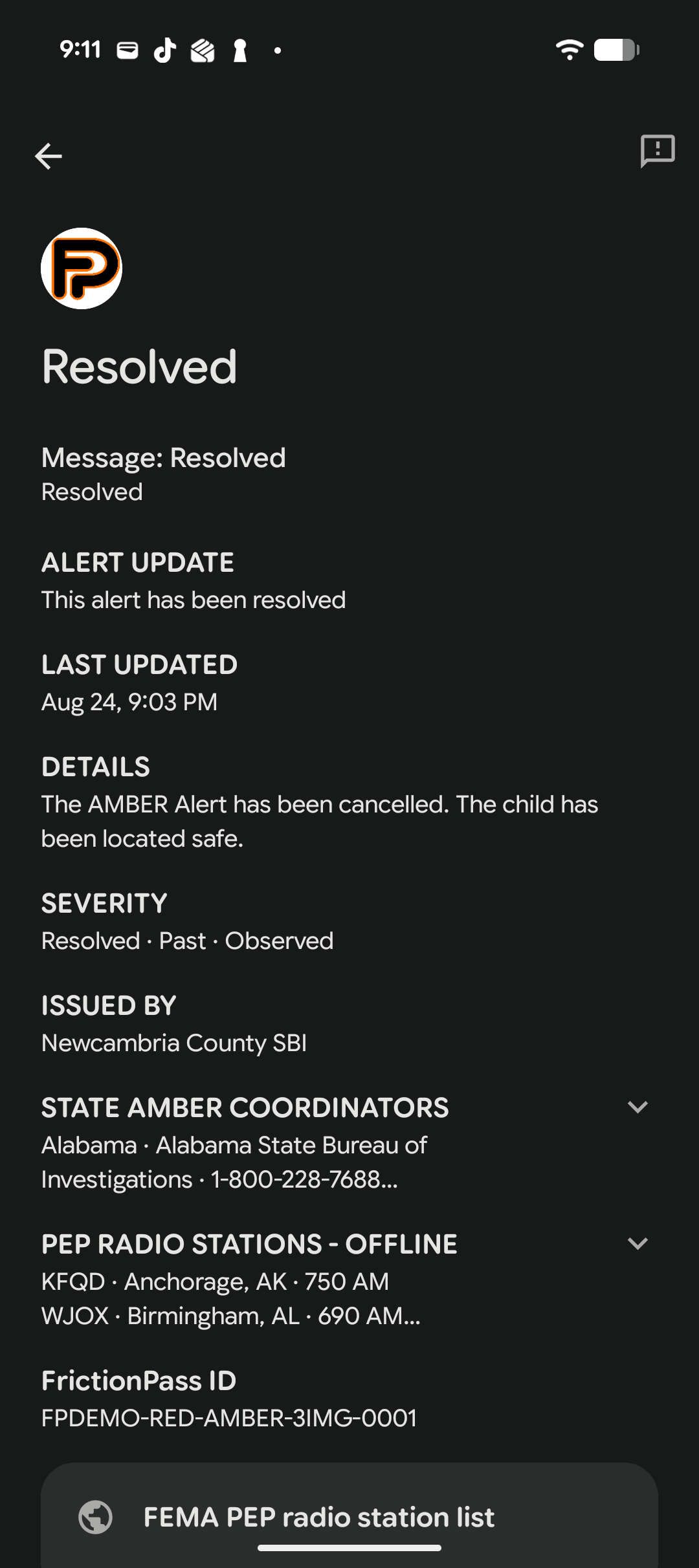Resolved AMBER Alert, Google Wallet, back of pass