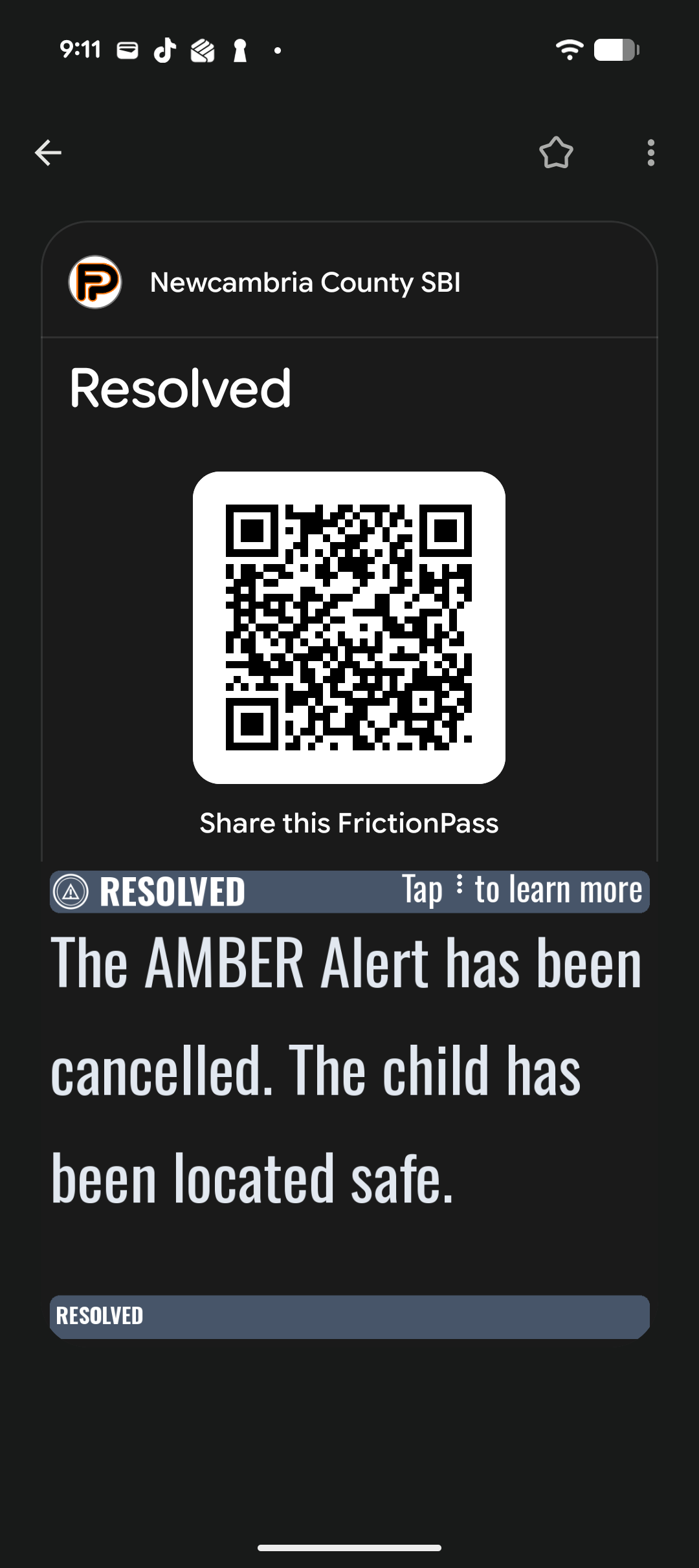 Resolved AMBER Alert, Google Wallet, front of pass