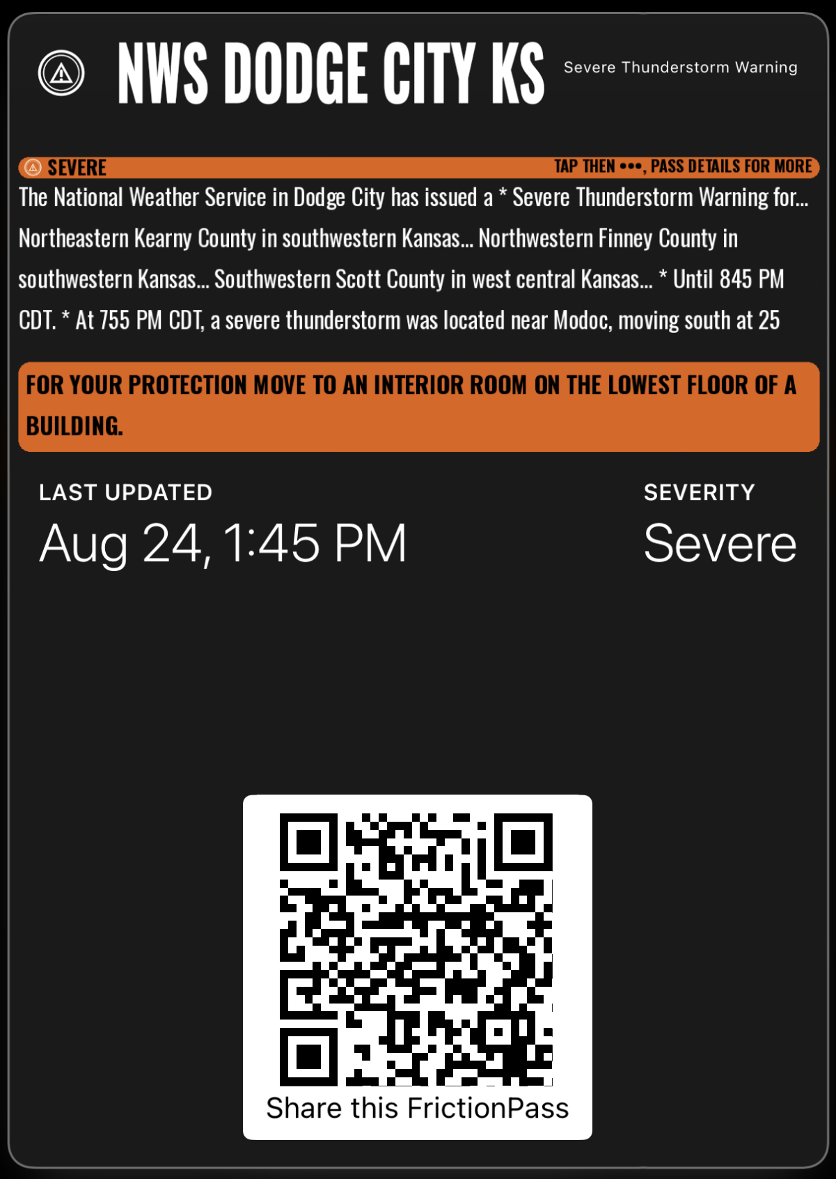 Severe severity Severe Thunderstorm Warning, Apple Wallet