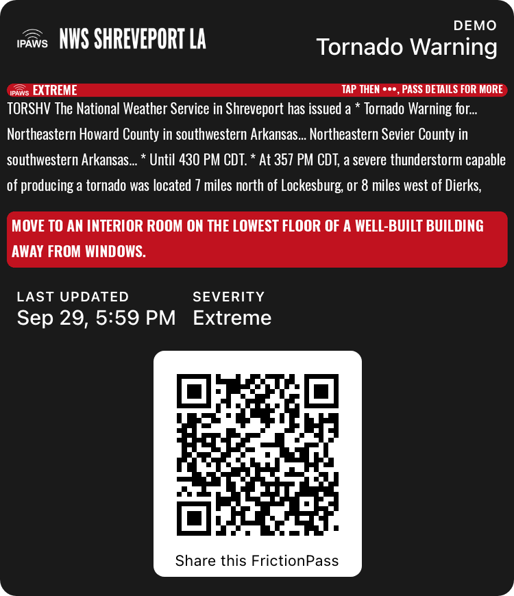 Extreme severity Tornado Warning, Apple Wallet