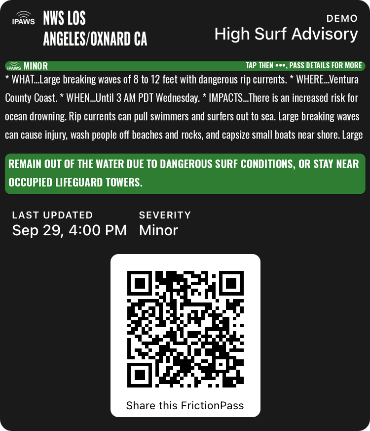 Minor severity High Surf Advisory, Apple Wallet