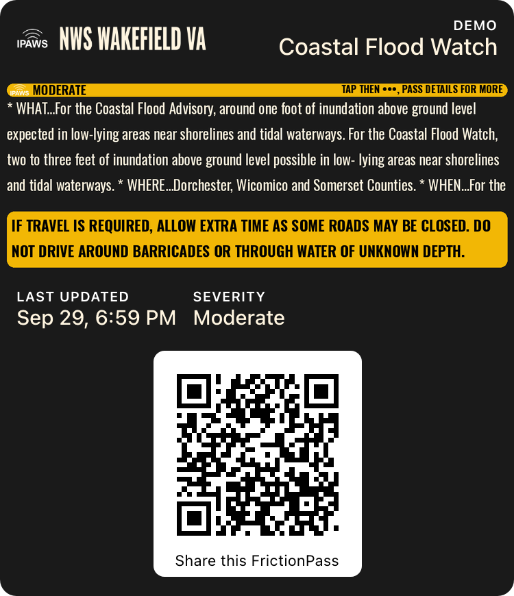Moderate severity Coastal Flood Watch, Apple Wallet