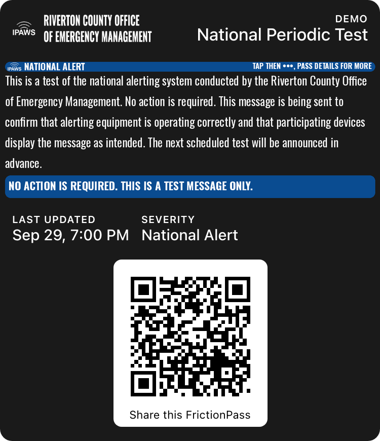 National Alert severity National Periodic Test, Apple Wallet