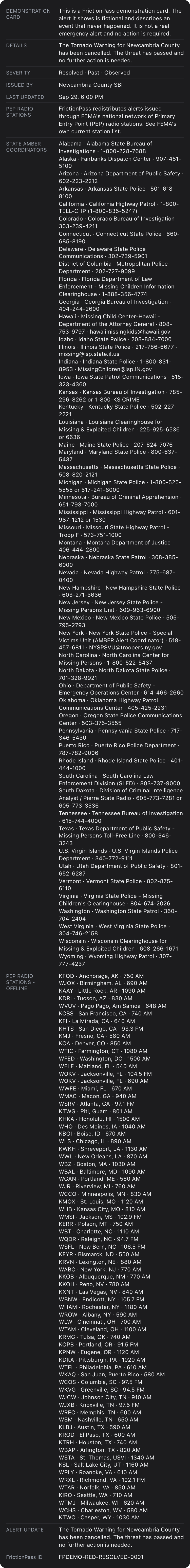 Resolved AMBER Alert, Apple Wallet, back of pass