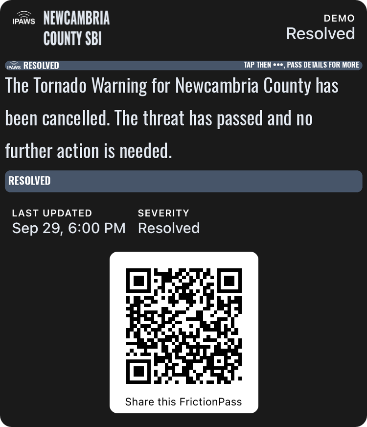 Resolved AMBER Alert, Apple Wallet, front of pass