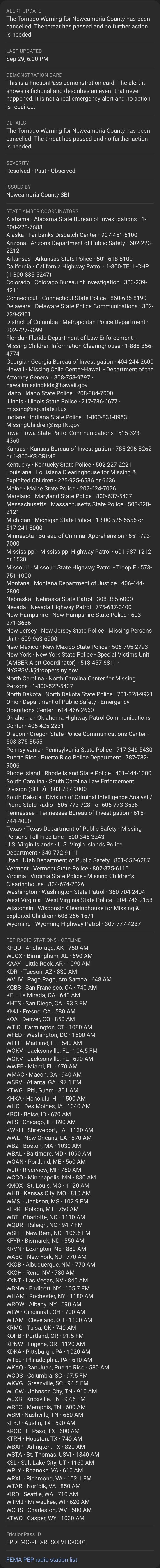 Resolved AMBER Alert, Google Wallet, back of pass