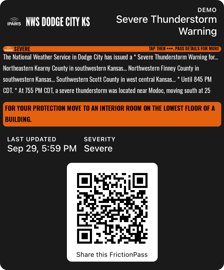 Severe severity Severe Thunderstorm Warning, Apple Wallet