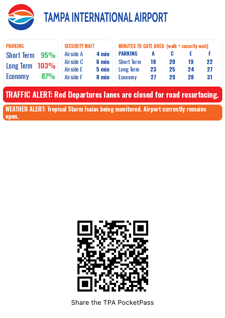 Example TPA PocketPass in Apple Wallet: parking, security waits, minutes to each gate area and airport alerts